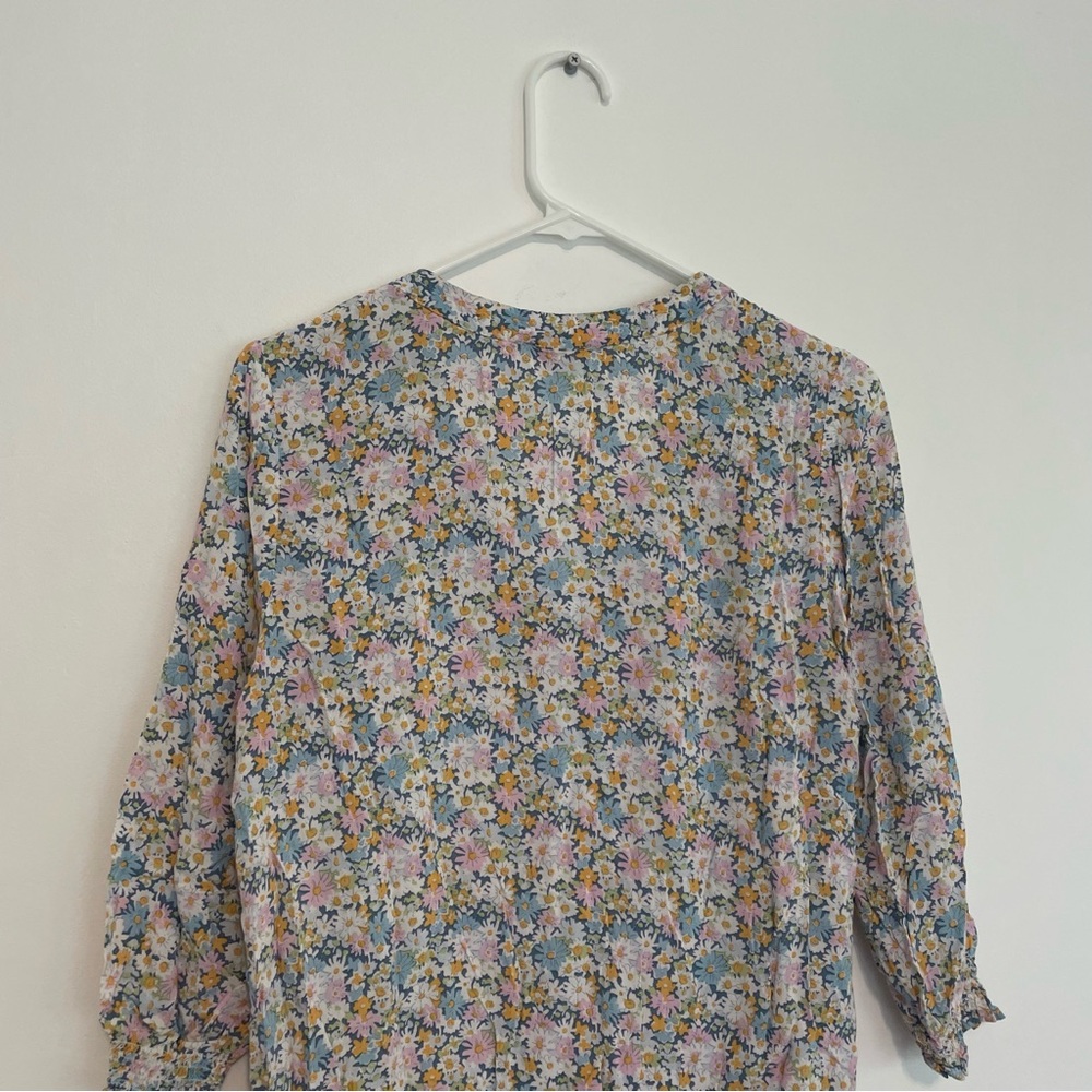CYNTHIA ROWLEY Blue White Pink Multi Floral V-Neck 3/4 Sleeve Boho Summer Blouse - Picture 13 of 14